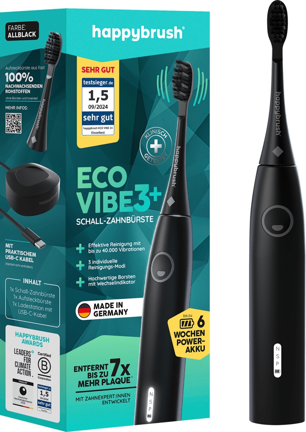 Happybrush Eco Vibe 3+ Elektrische Schallzahnbürste StarterKit All Black Schwarz